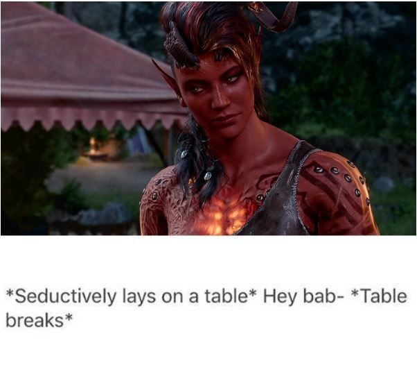 A demonic-looking female character with horns and tattoos lies on a table in a dimly lit outdoor setting. The overlaid text…