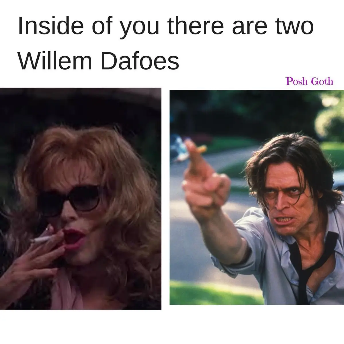 The image displays two side-by-side photos of actor Willem Dafoe. The left panel shows him in drag, wearing sunglasses and…