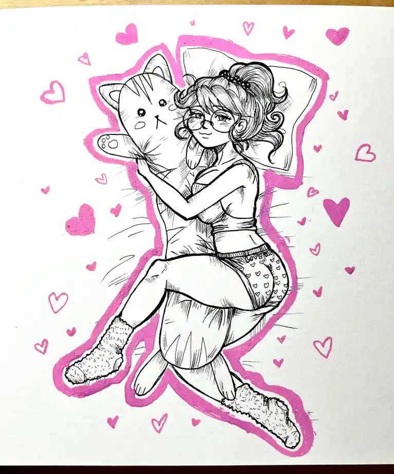 A hand-drawn illustration shows a young woman with glasses and curly hair, wearing heart-patterned underwear and fuzzy…