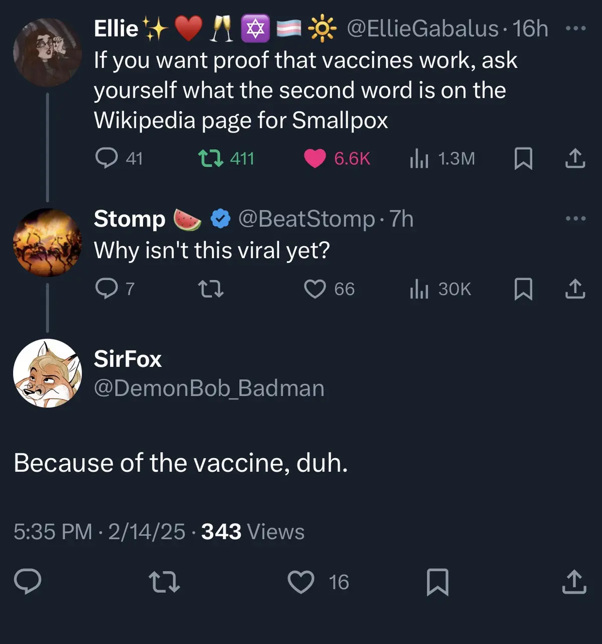 A screenshot of a Twitter thread shows user Ellie posting a claim about vaccines and smallpox, followed by user Stomp…