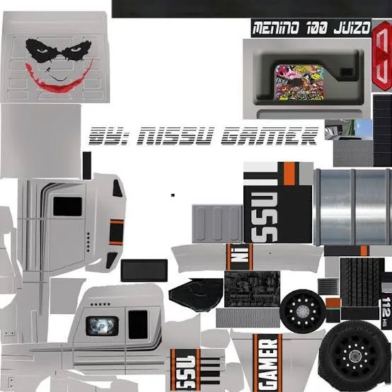 A collage of truck skin design elements, including a Joker face on the front, 'NISSU GAMER' branding, wheels, and interior…