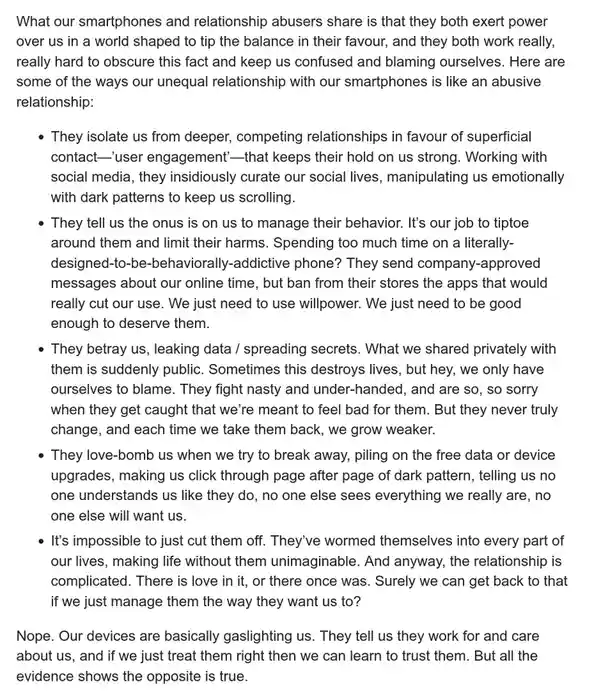 A text-heavy image presents a list comparing smartphone behavior to abusive relationships, detailing how phones isolate…