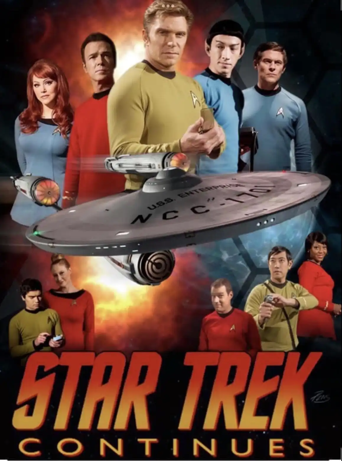 A promotional poster for 'Star Trek Continues' features the original cast of Star Trek in their iconic uniforms, with the…