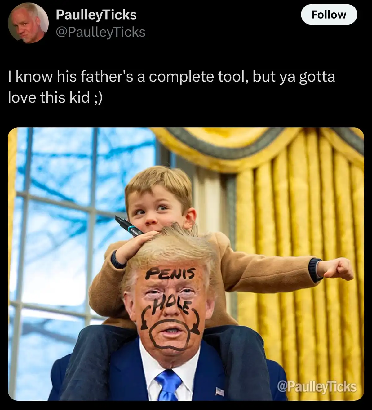 A young boy sits on the shoulders of a man in a suit, holding a black marker. The man's face has been crudely drawn on with…