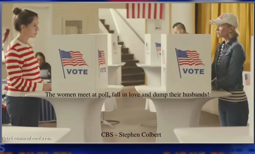 Two women stand at separate voting booths in a polling station, each wearing a red-and-white striped shirt and a baseball…