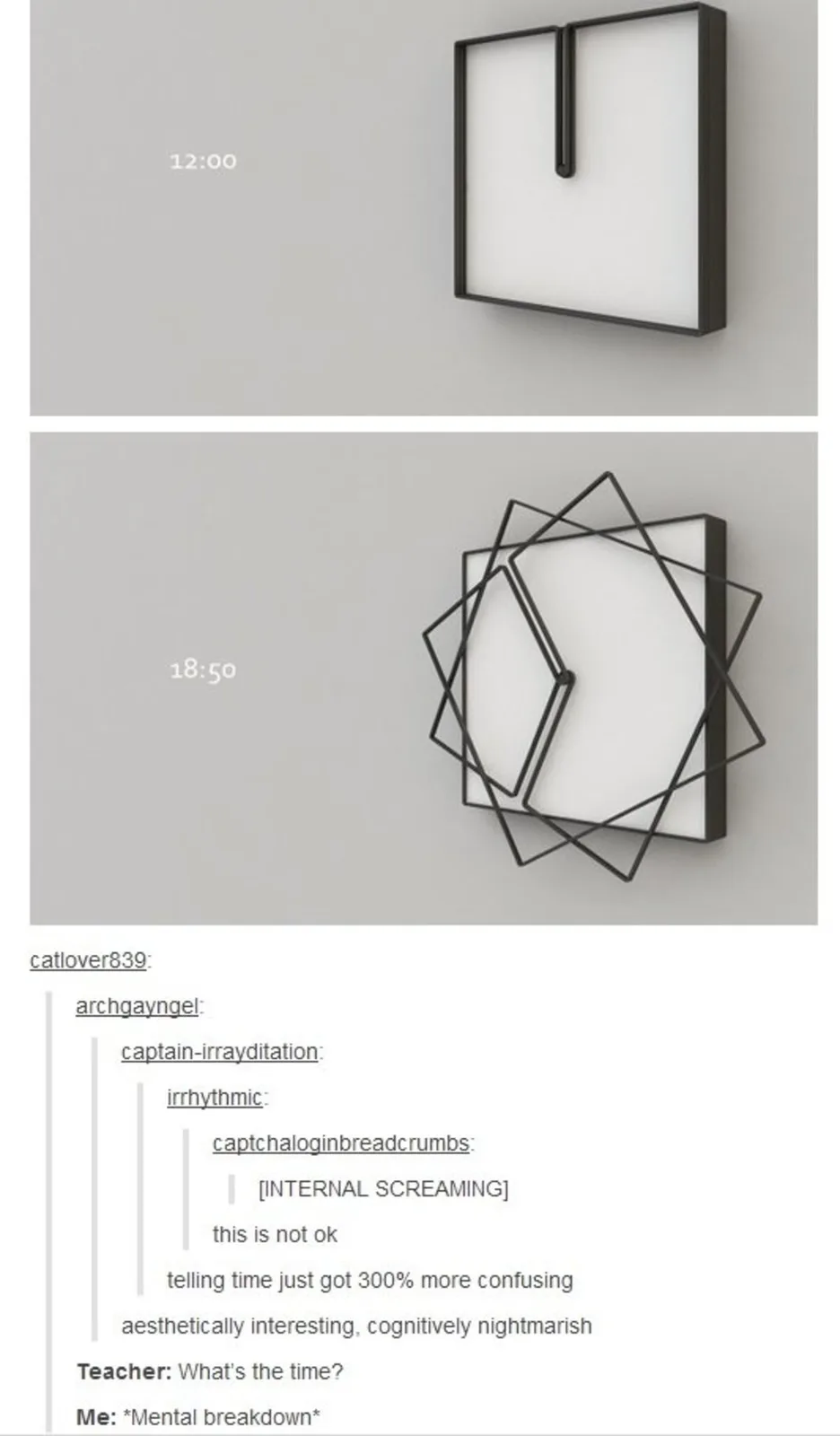 The image shows two panels of a modern minimalist clock. The top panel shows a simple square clock face with a single…