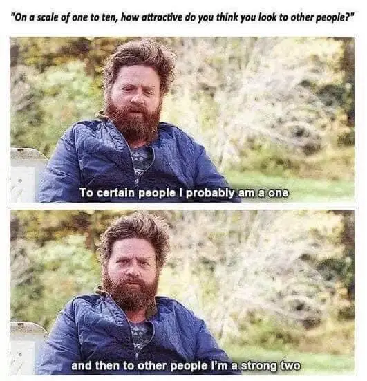 The image is a two-panel meme featuring actor Zach Galifianakis with a scruffy beard and messy hair, wearing a blue jacket…