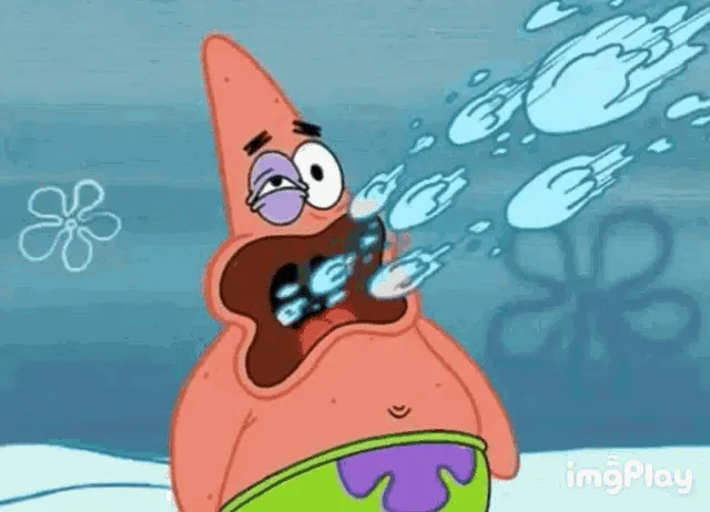 The image shows six panels of Patrick Star from SpongeBob SquarePants, each depicting him underwater with a wide-open mouth…