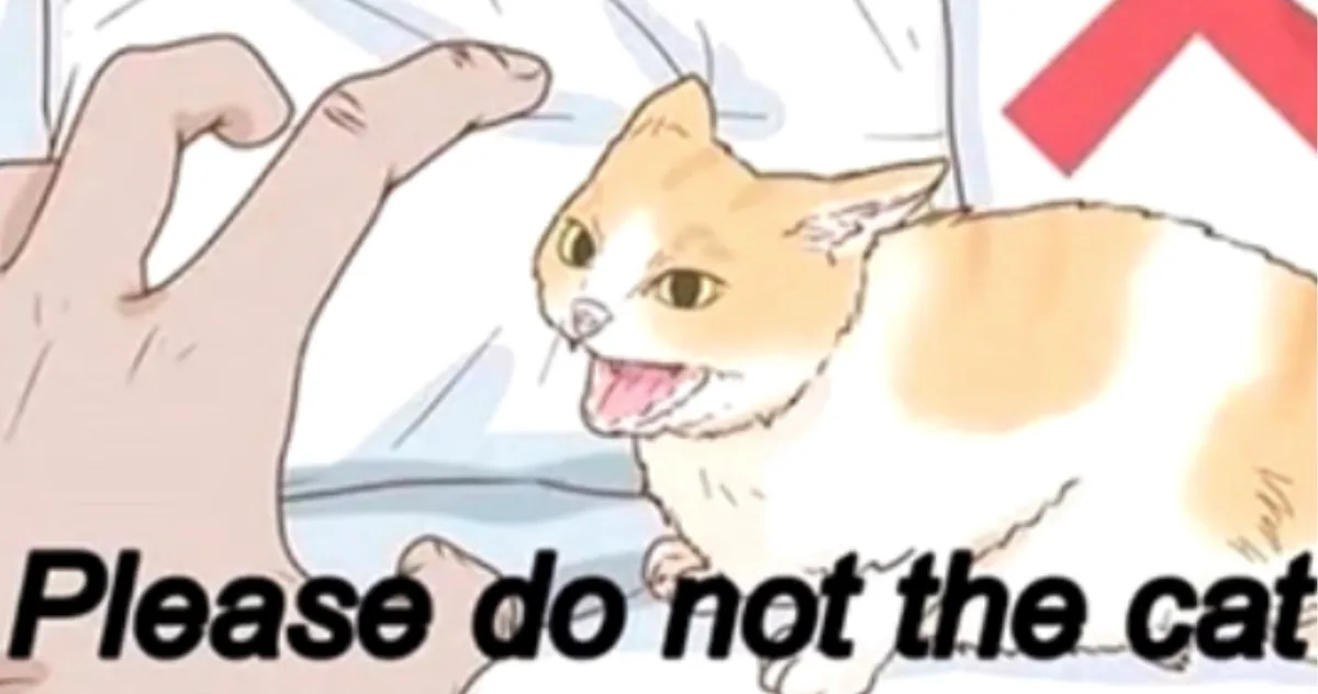 An anime-style illustration shows a human hand reaching toward a ginger and white cat, which is baring its teeth and tongue…
