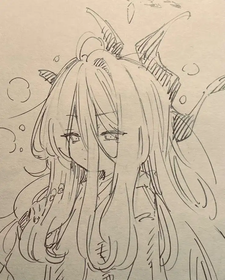 A pencil sketch of an anime-style girl with long hair and horns, her face partially obscured by tears and bubbles, conveying…