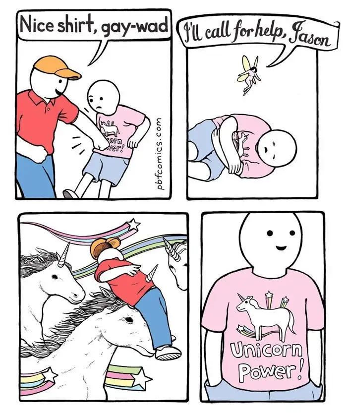 A four-panel comic strip shows a man complimenting a boy's shirt, which the boy then uses to summon a fairy who calls for…