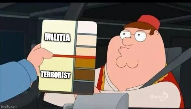 Peter Griffin from Family Guy sits in a car, looking confused as a hand holds up a color swatch card. The card has 'MILITIA'…
