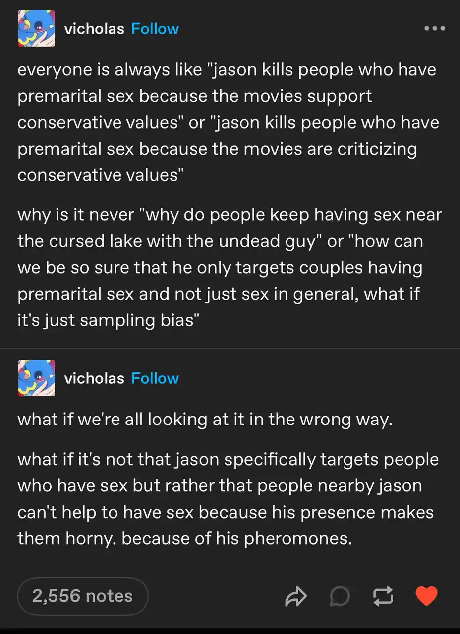 A screenshot of a Tumblr post by 'vicholas' showing two text-based comments. The first comment critiques the common trope…