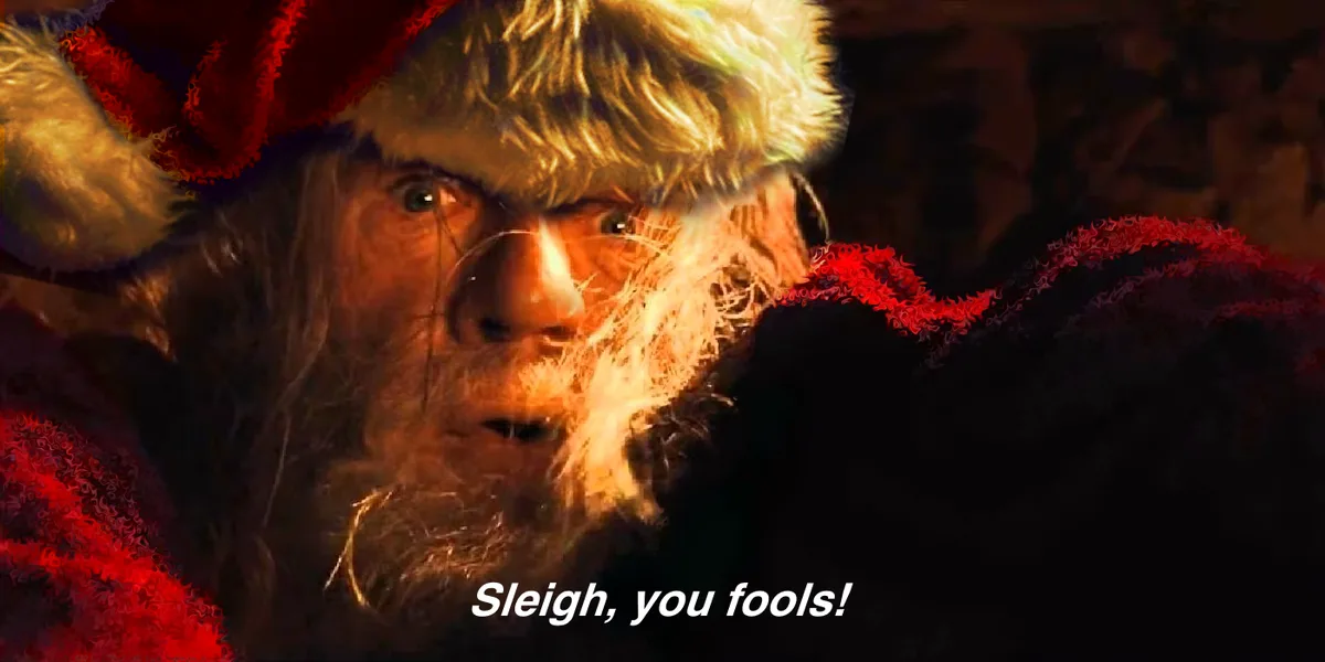 A close-up of a stern-looking Santa Claus with a red hat and coat, his face illuminated by warm light, with the text…
