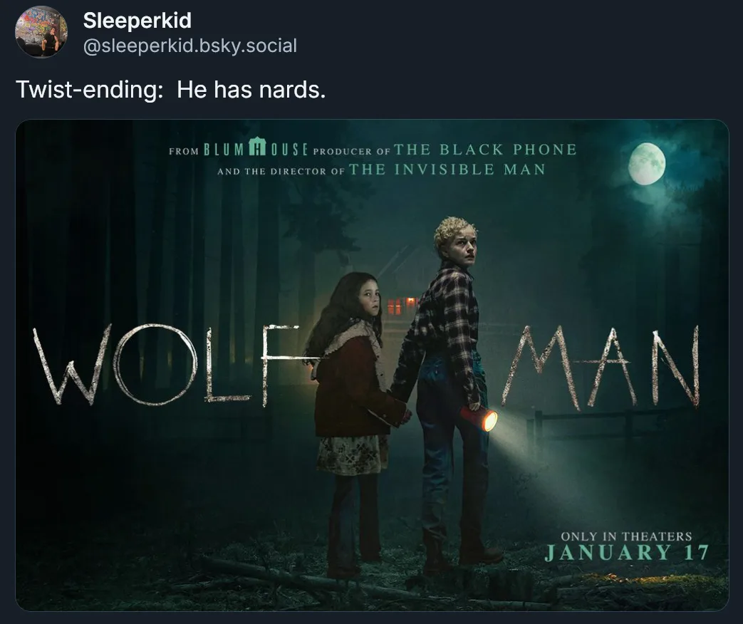 A movie poster for 'Wolf Man' shows two children holding hands in a dark forest at night, with a full moon in the sky. The…