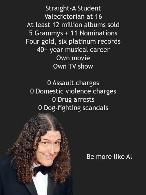 A man with long curly hair and a tuxedo is shown with a smug, self-satisfied expression. Overlaid text lists his impressive…