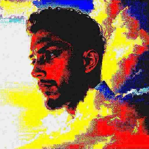 A stylized, heavily saturated portrait of a man in profile, looking left, with vibrant red, yellow, and blue colors and a…