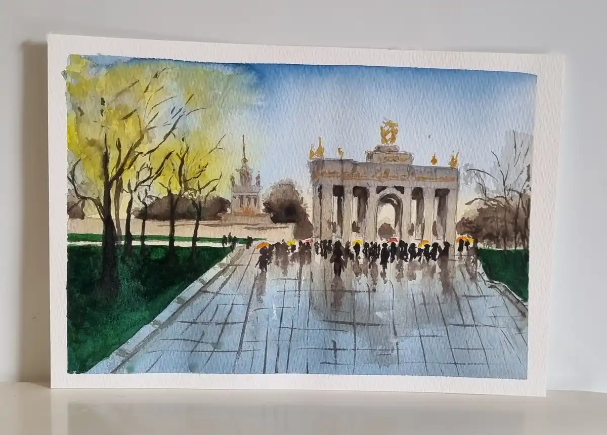 A watercolor painting depicts a rainy day at a grand, classical archway with people holding umbrellas walking on a wet…