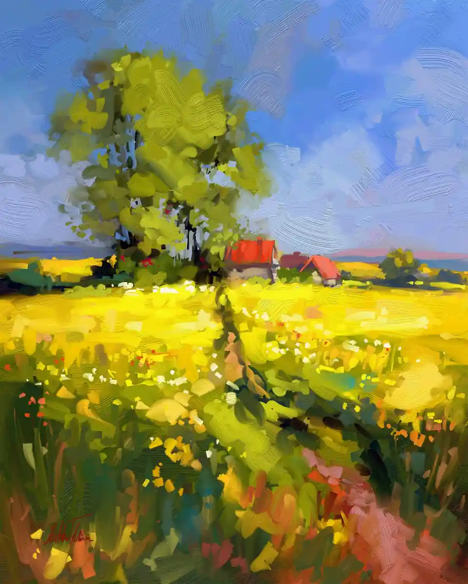 A vibrant, textured digital painting depicts a sun-drenched rural landscape with a large green tree, yellow fields, and…