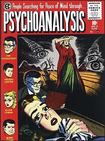 A vintage comic book cover titled 'People Searching for Peace of Mind through... PSYCHOANALYSIS' depicts a dramatic scene…