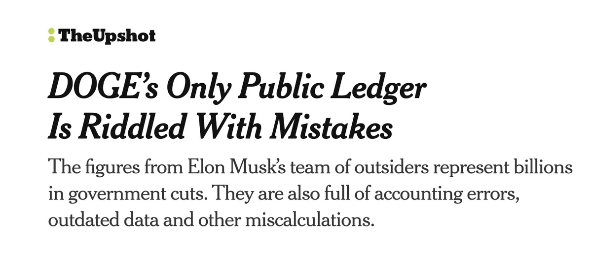 The image displays a screenshot of a news article from 'TheUpshot' with the headline 'DOGE's Only Public Ledger Is Riddled…