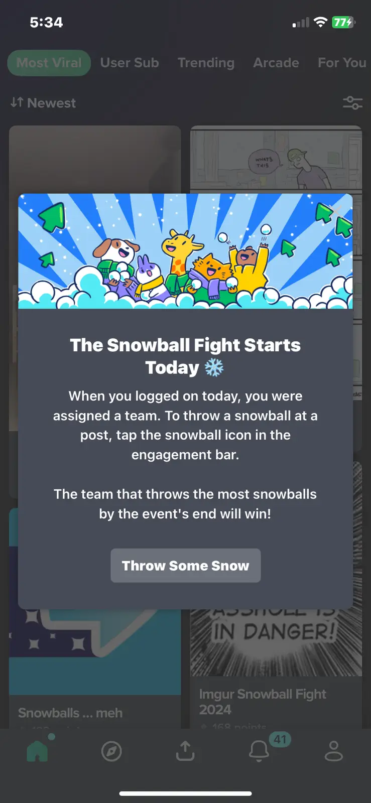 A screenshot of an Imgur app notification titled 'The Snowball Fight Starts Today ❄️' with instructions for a user to throw…
