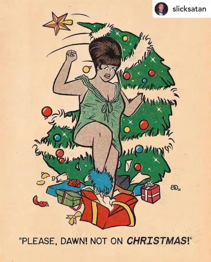 A vintage-style cartoon depicts a woman in a green one-piece swimsuit, angrily kicking a Christmas tree that's been…