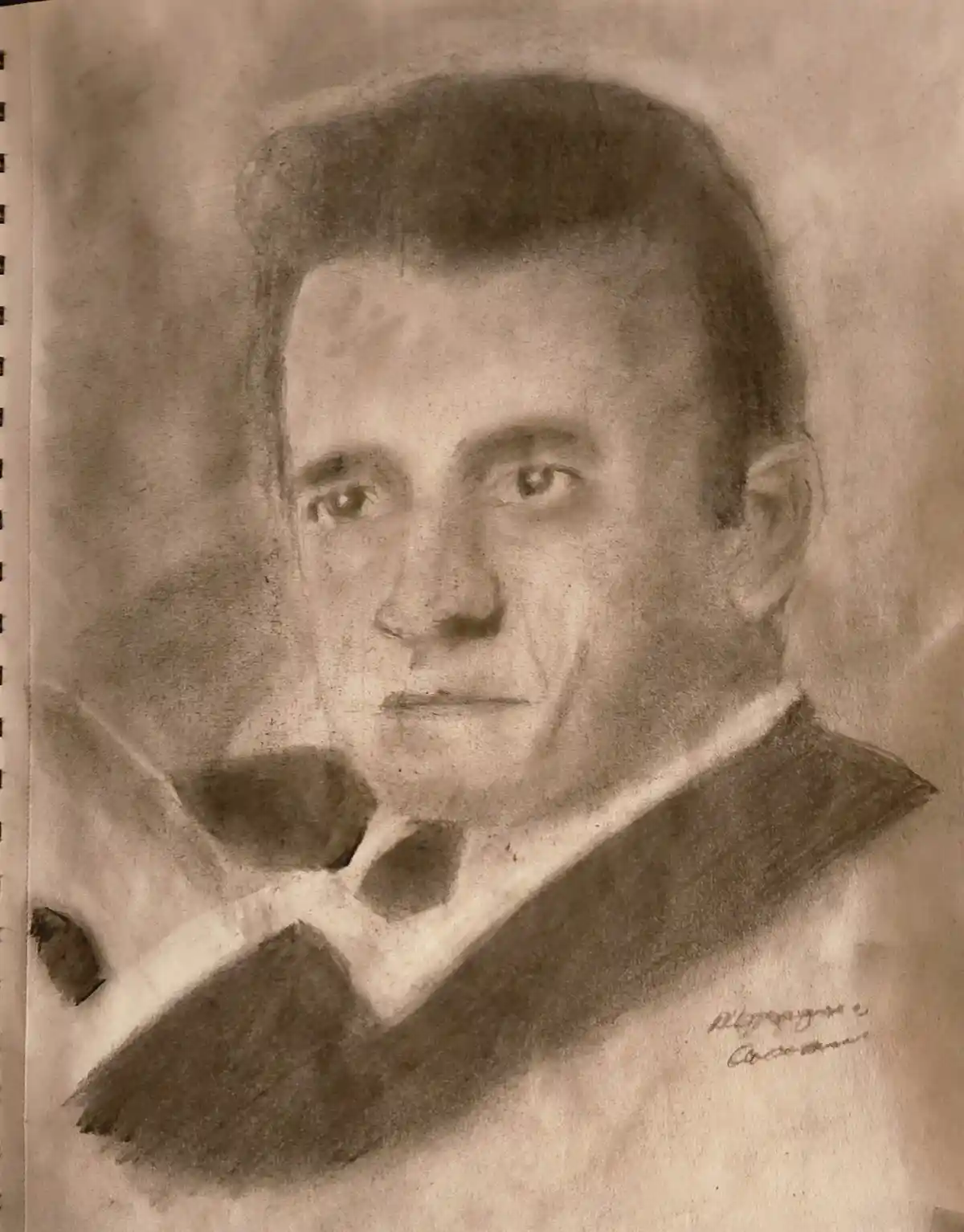 A sepia-toned pencil sketch of a man in a suit and bowtie, looking directly at the viewer with a serious expression. The…