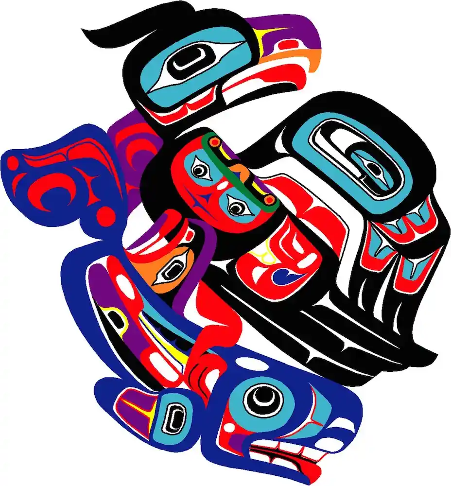 A colorful, stylized graphic of multiple overlapping Indigenous Northwest Coast formline figures, including a large…