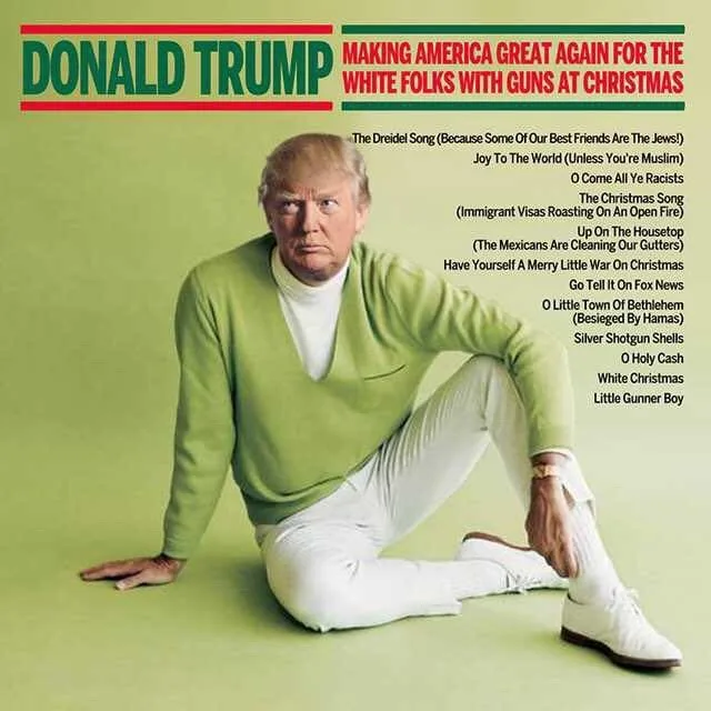 The image shows Donald Trump sitting cross-legged on a green background, wearing a green sweater and white pants. Overlaid…