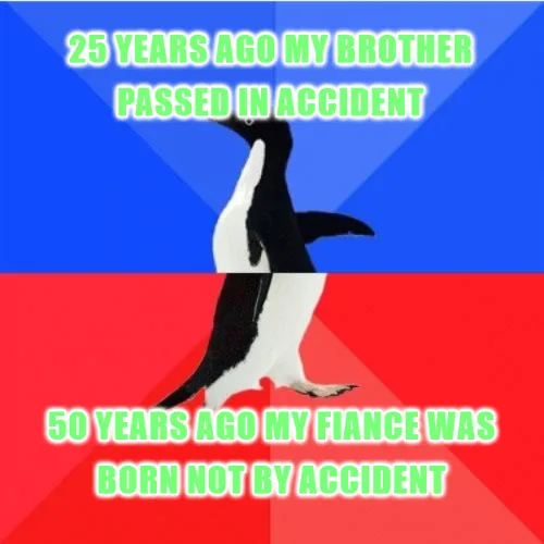 A penguin stands centered against a blue and red background, split horizontally. Green text at the top reads '25 YEARS AGO…
