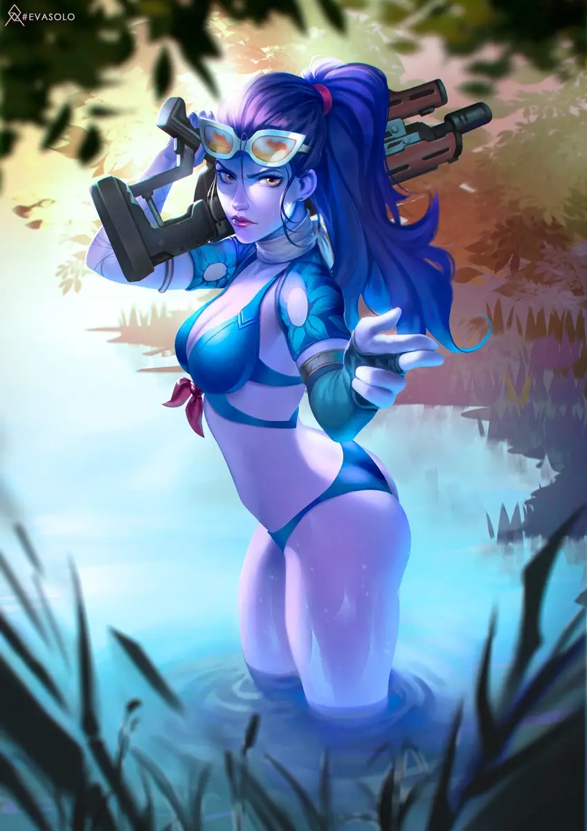 A stylized female video game character with blue hair and goggles stands waist-deep in water, wearing a blue bikini with a…