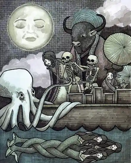 A surreal, detailed illustration depicts a moon with a serene face watching over a boat carrying skeletons, a bull, and…