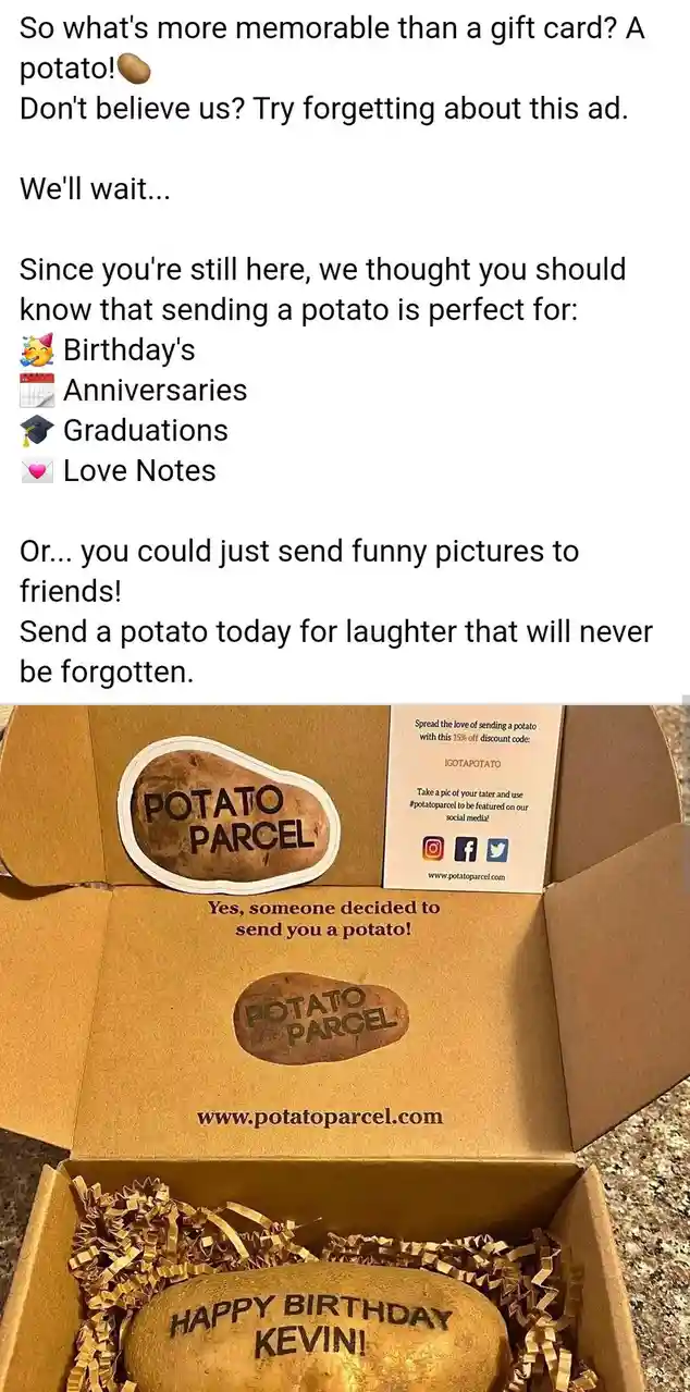 An advertisement for 'Potato Parcel' is shown above a photo of an open cardboard box containing a potato with 'HAPPY…