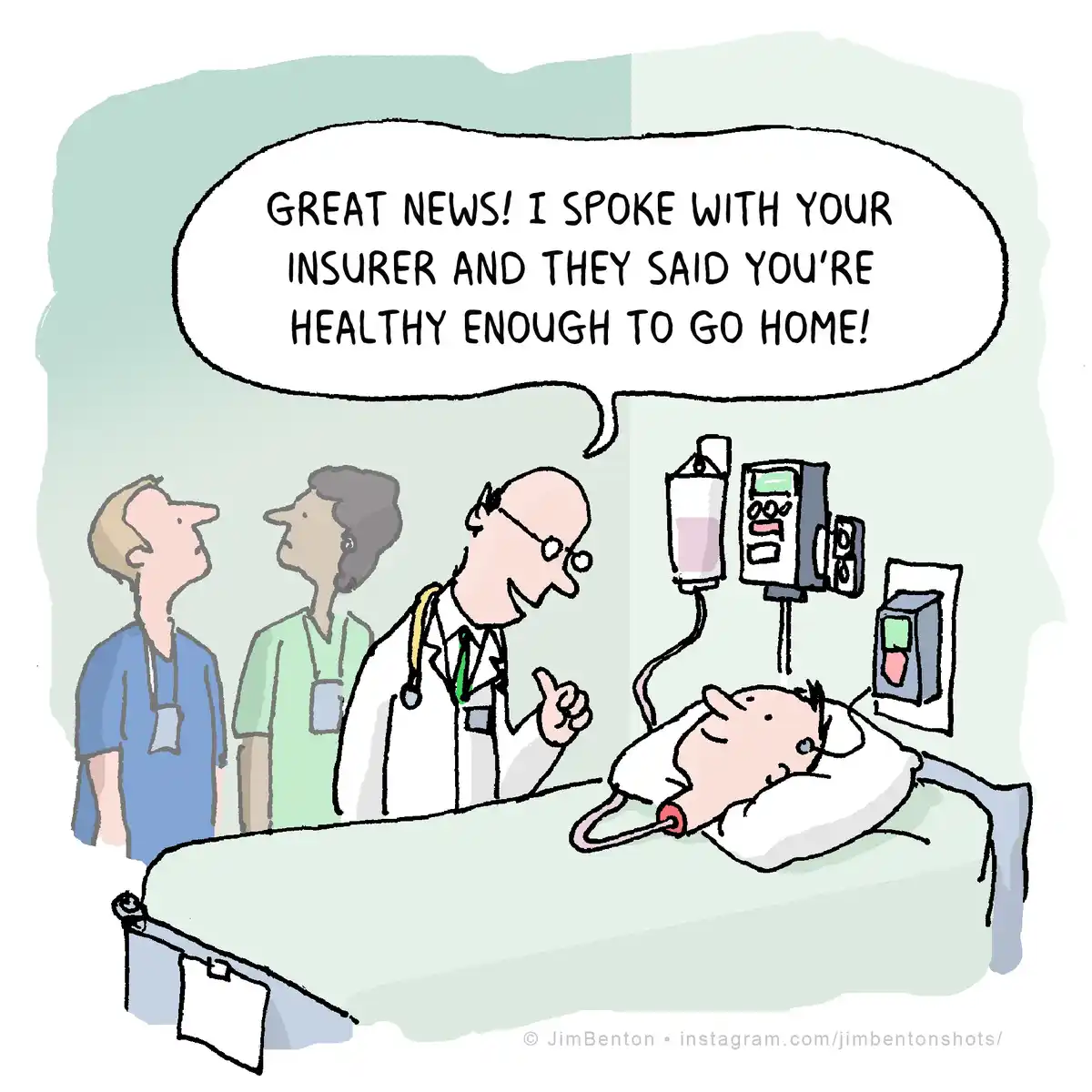 A cartoon depicts a doctor in a white coat and stethoscope enthusiastically telling a patient in a hospital bed, who is…