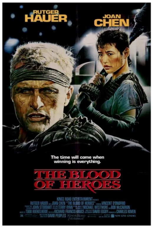 A movie poster for 'The Blood of Heroes' featuring Rutger Hauer and Joan Chen in gritty, action-oriented attire. Hauer, with…