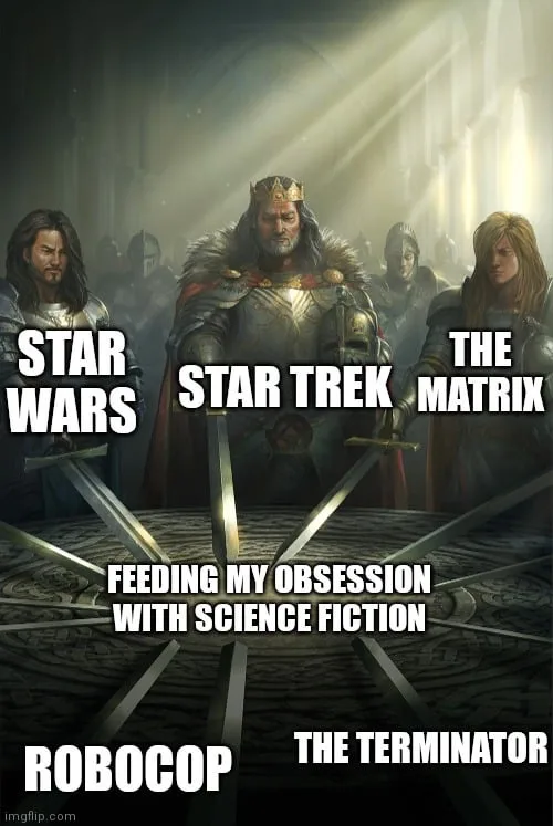 A medieval king sits on a throne surrounded by five swords, each labeled with a major science fiction franchise: Star Wars…