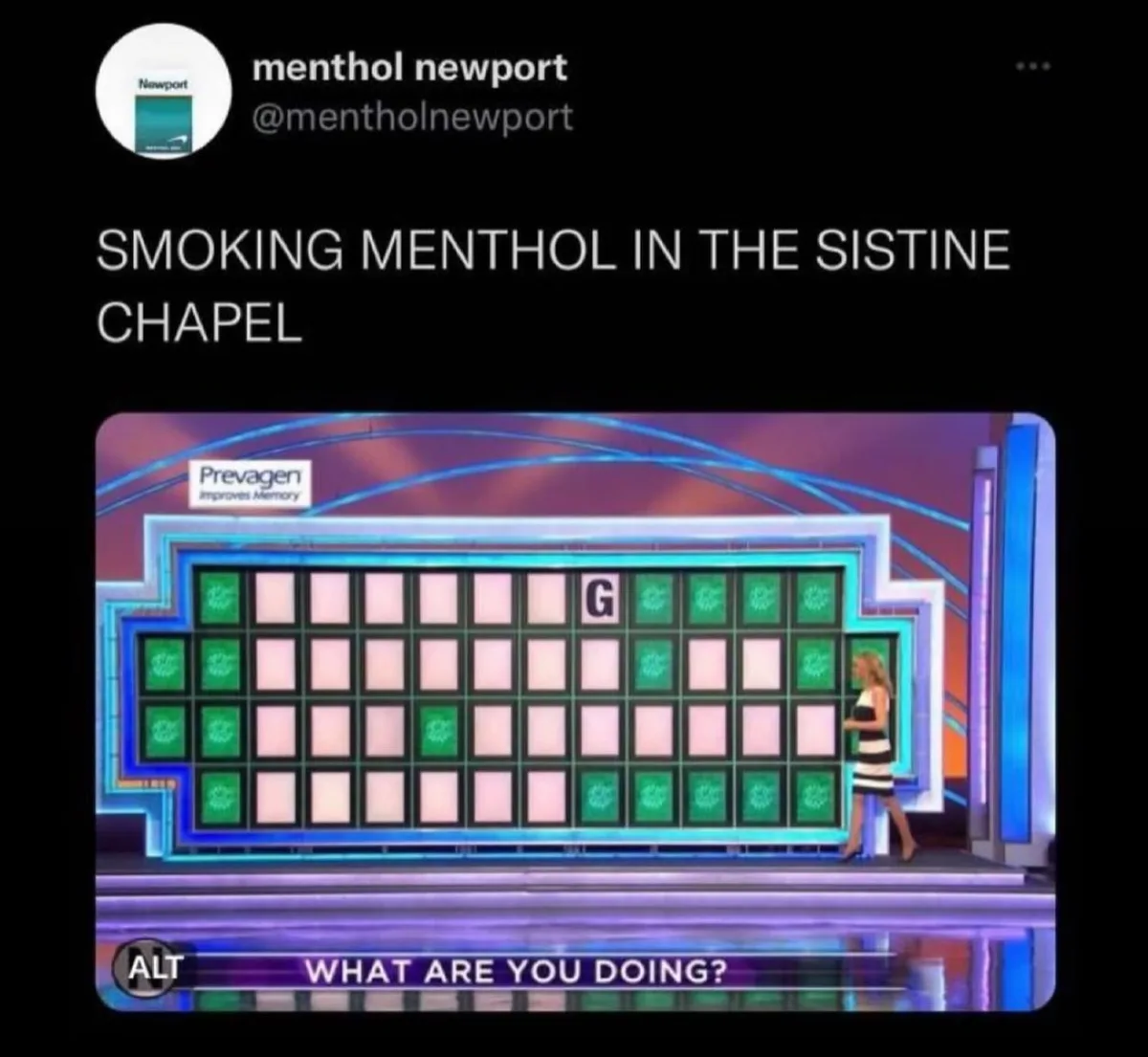 A screenshot of a game show, likely 'Wheel of Fortune', shows a woman standing beside a large grid with one letter, 'G'…