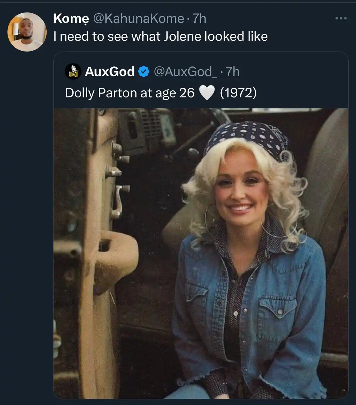 A screenshot of a Twitter thread where user 'Kome' asks to see what 'Jolene' looked like, and user 'AuxGod' replies with a…