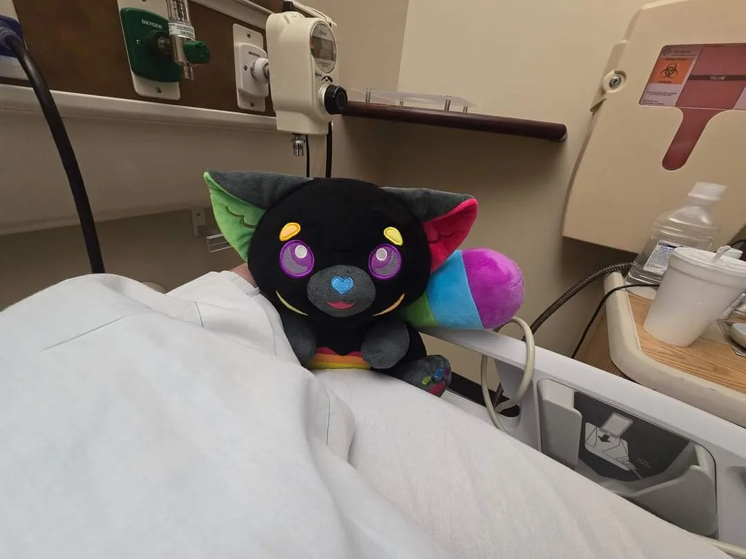 A plush toy resembling a black cat with rainbow-colored ears and wings sits propped up on the edge of a hospital bed, next…