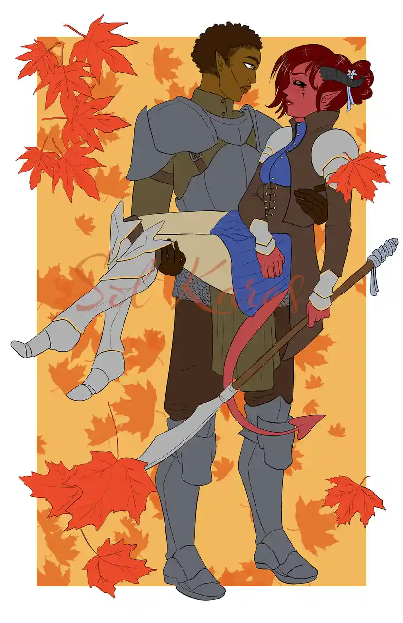 An illustration of two elf-like characters in fantasy armor standing close together against a background of orange and red…