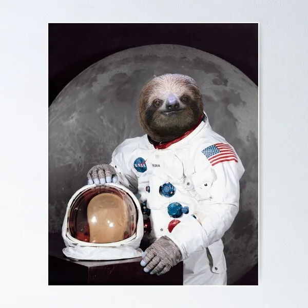 A sloth wearing a white NASA astronaut suit with an American flag patch and name tag stands in front of a large moon…