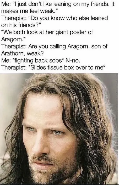 A meme image features a close-up of Aragorn from 'The Lord of the Rings' with a serious, slightly concerned expression…