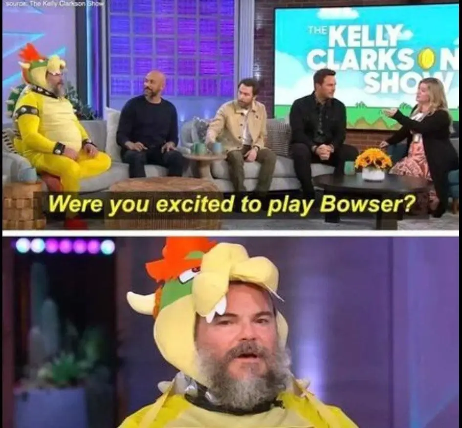 Top panel shows a man in a Bowser costume sitting on a talk show couch with other guests and host Kelly Clarkson. Bottom…