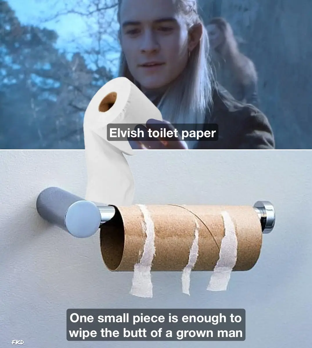The top panel shows a man with long silver hair holding a toilet paper roll, with text overlay reading 'Elvish toilet…