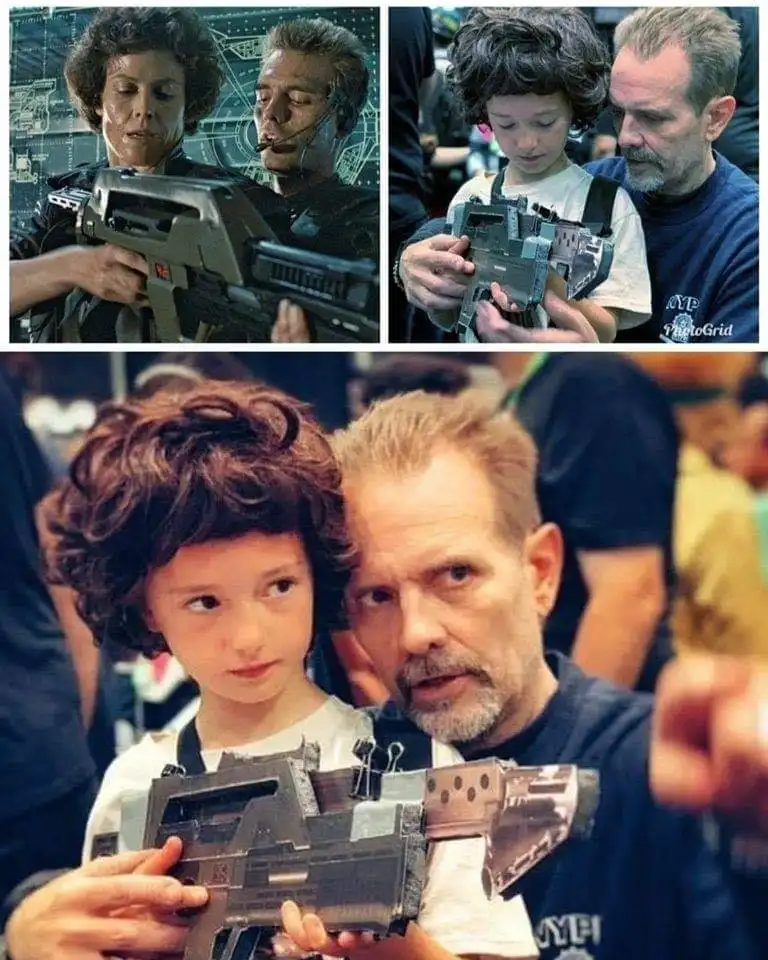 The image is a three-panel collage showing a man and a young boy holding an identical prop gun. The top-left panel shows…