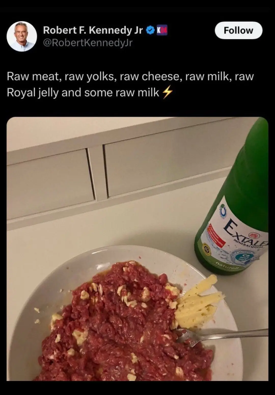 A social media post by Robert F. Kennedy Jr. shows a white plate with raw ground meat mixed with raw egg yolks and chunks of…