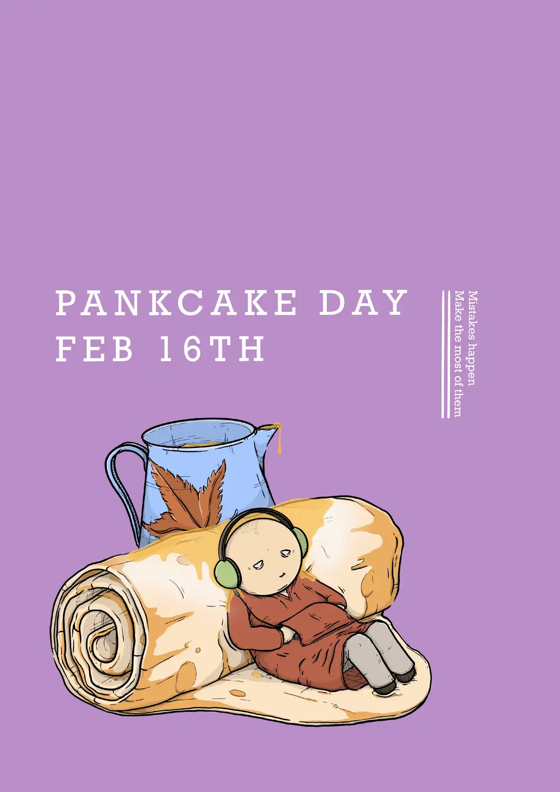 A cartoon illustration shows a small child wearing headphones, curled up and sleeping inside a large, rolled-up pancake…