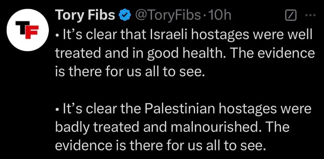 A screenshot of a tweet from the account 'Tory Fibs' with a black background and white text. The tweet contains two bullet…