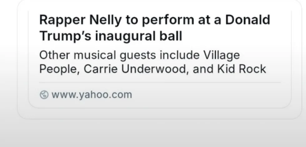 A screenshot of a Yahoo news alert showing a headline that rapper Nelly is set to perform at Donald Trump's inaugural ball…